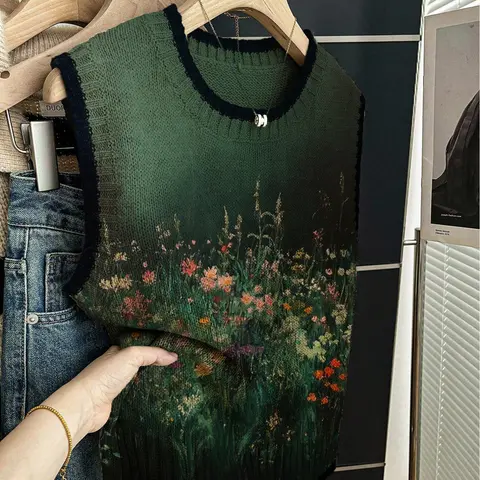 1pc Women's Spring/Summer Back to School Casual Loose Crew Neck Sleeveless Knit Top - Dark BluePiped Trim, Contrast Green Gradient Patchwork Floral Print, Gilet Matchable, Color Block Vest, Casual Fashion Vest, Sleeveless Knitted Vests