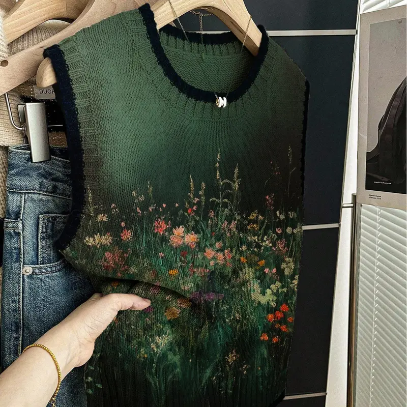 1pc Women's Spring/Summer Back to School Casual Loose Crew Neck Sleeveless Knit Top - Dark BluePiped Trim, Contrast Green Gradient Patchwork Floral Print, Gilet Matchable, Color Block Vest, Casual Fashion Vest, Sleeveless Knitted Vests