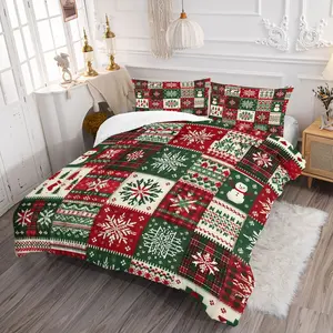 Christmas Patchwork Comforter Set, Festive Quilted Bedding Set with Snowmen, Reindeer, and Snowflakes, Cozy Holiday Decor for a Joyful Bedroom, Perfect for Winter and Holiday Celebrations, with 1 or 2 Pillowcase No Pillow Core, Bed Sheet Sets