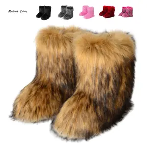 Faux Fur Boots Furry Snow Boots Fuzzy Winter Fluffy Mid Calf Flat Heel Comfy Plush Warm Snow Booties Leopard Pattern Y2k Puffy Boots for Outdoor