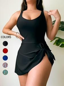 women's solid / all over print asymmetrical hem ruched knot design tank swimsuit, adjustable strap sleeveless one-piece swimwear for beach holiday vacation, ladies summer clothes, ruffle hem swimsuit