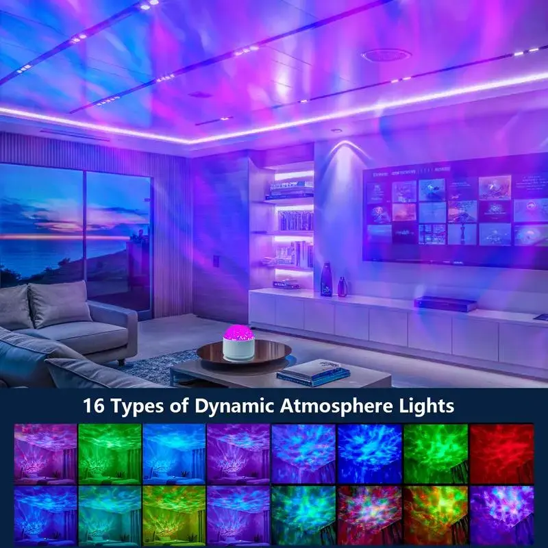 16 Color change along with the rhythm of the music，2 Scene - Ocean Wave & 3D Water Ripple Projector Light，Star Projector Night Light for Bedroom, Party, Home Décor room decor tiktokshopsummersale EasterEggLight