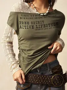 Women's Two-Piece Design Lace Patchwork Slim Fit Casual Fashion Graphic Top, Long Sleeve Crop Tee for All Seasons