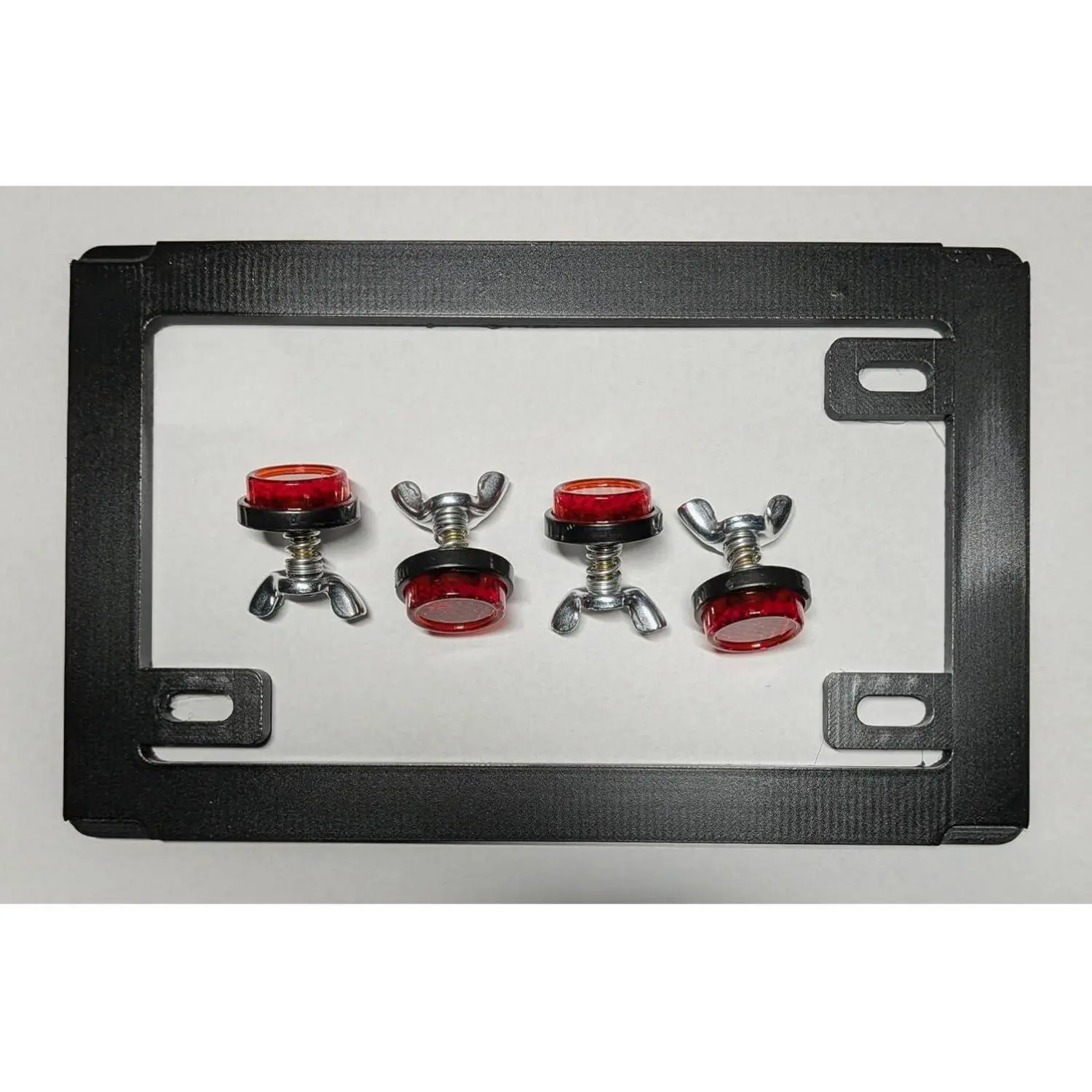 Universal Motorcycle License Plate Frame with Red Reflective Fasteners, Black Mounting Kit, 201.8mm x 93.6mm, Wing Nut Installation
