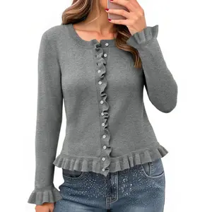 Lannew Womens Ruffle Cardigan Sweaters Button Up Crew Neck Long Sleeve Cropped Sweater Cute Soft Knit Tops