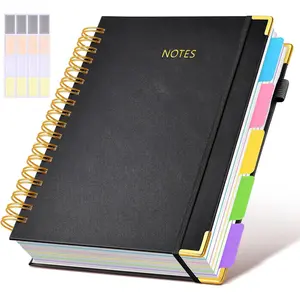 Hardcover Spiral Notebook journal with Removable Dividers Tabs, 300 Pages Leather 5 Subject Notebook College Ruled, 8"x10" Large B5 Notebooks for Work School Note taking, Lined Journal for Women,Black