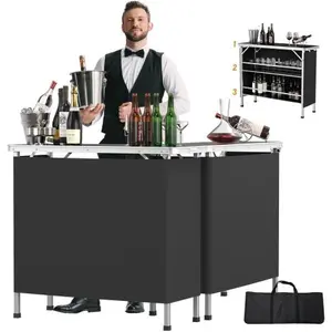 Outvita Black Aluminum Alloy Outdoor Folding Bar Table Rectangular with Railing Fabric 110.5x38x88cm 30kg Camping Bar Table