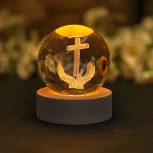 Crystal ball hands dedicating cross statue wooden base glass ball religious collection home decoration gift ornaments luminous Light Colorful Light Colorful Figurine
