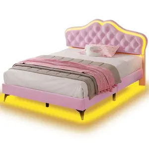 SIKAIC Sturdy Velvet Wood Platform Bed Frame - Princess-Style with RGB LED, Adjustable Button Tufted Curved Upholstered Crystal Button Headboard, Storage Drawers, Blush Pink Nursery Furniture, Sturdy Bed Frame, Button Tufted Headboard