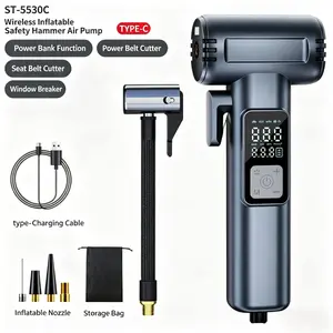 Portable Cordless Tire Inflator with Emergency Tools - 12V Wireless Car Air Pump, Digital Pressure Gauge, Power Bank, Safety Hammer & Seatbelt Cutter, Rechargeable Tire Pump for Cars, Bikes, SUVs Reusable