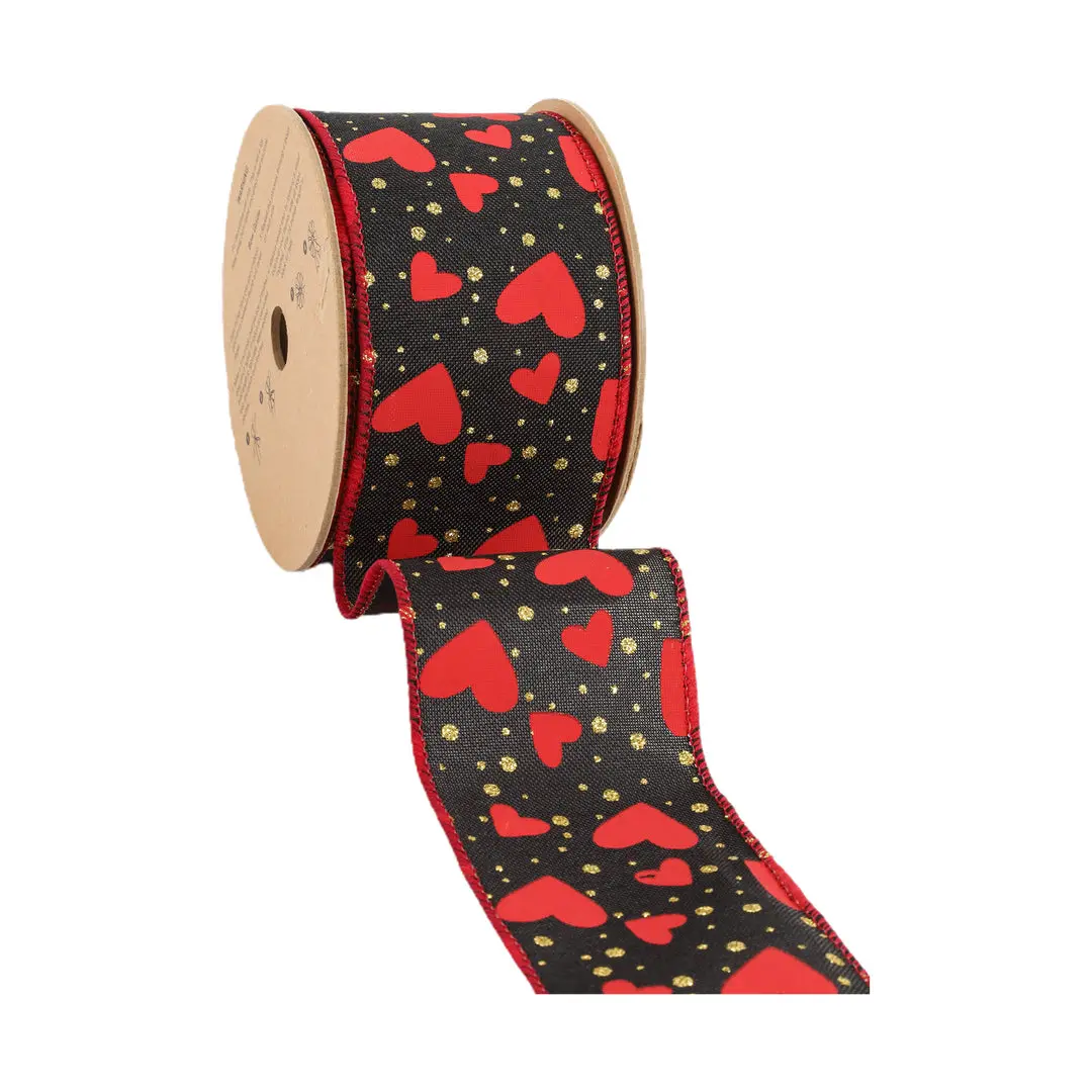 2 1/2" Wired Ribbon | Black w/ Red Hearts/Gold Sparkles | 10 Yard Roll Valentine’s Day decor wrapping gifts