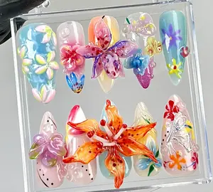 3D Floral Almond Nails | Colorful Tropical Flowers Fake Nails | Botanical Press Ons | Oceanic Floral Nail Art | Secret Garden Nails