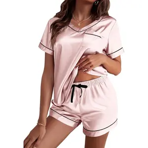 Silk Pajama for Women Short Sleeve Satin Pj Set Two Piece Soft Sleepwear Loungewear S-XXLGift