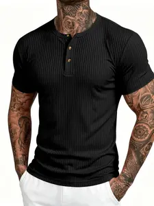Men's Solid Color Plain Vertical Stripe Henley Short Sleeve T-Shirt for Daliy Wear, Slim Fit Stretch Half-Button Top, Breathable Comfort Casual Underwear, Gym Streetwear,Multiple Color Available