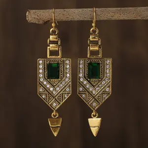 Vintage Geometric Shape Shiny Synthetic Gems Inlaid Dangle Earrings Retro Bohemian Style Tourism Souvenir Party Decor