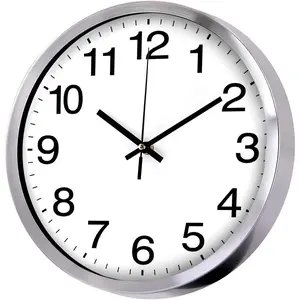 Wall Clock Metal Frame Glass Cover Non-ticking Number Quartz Wall Clock 12inch Modern Quartz Design Decorative Indoor/Kitchen Silver wallclock decor