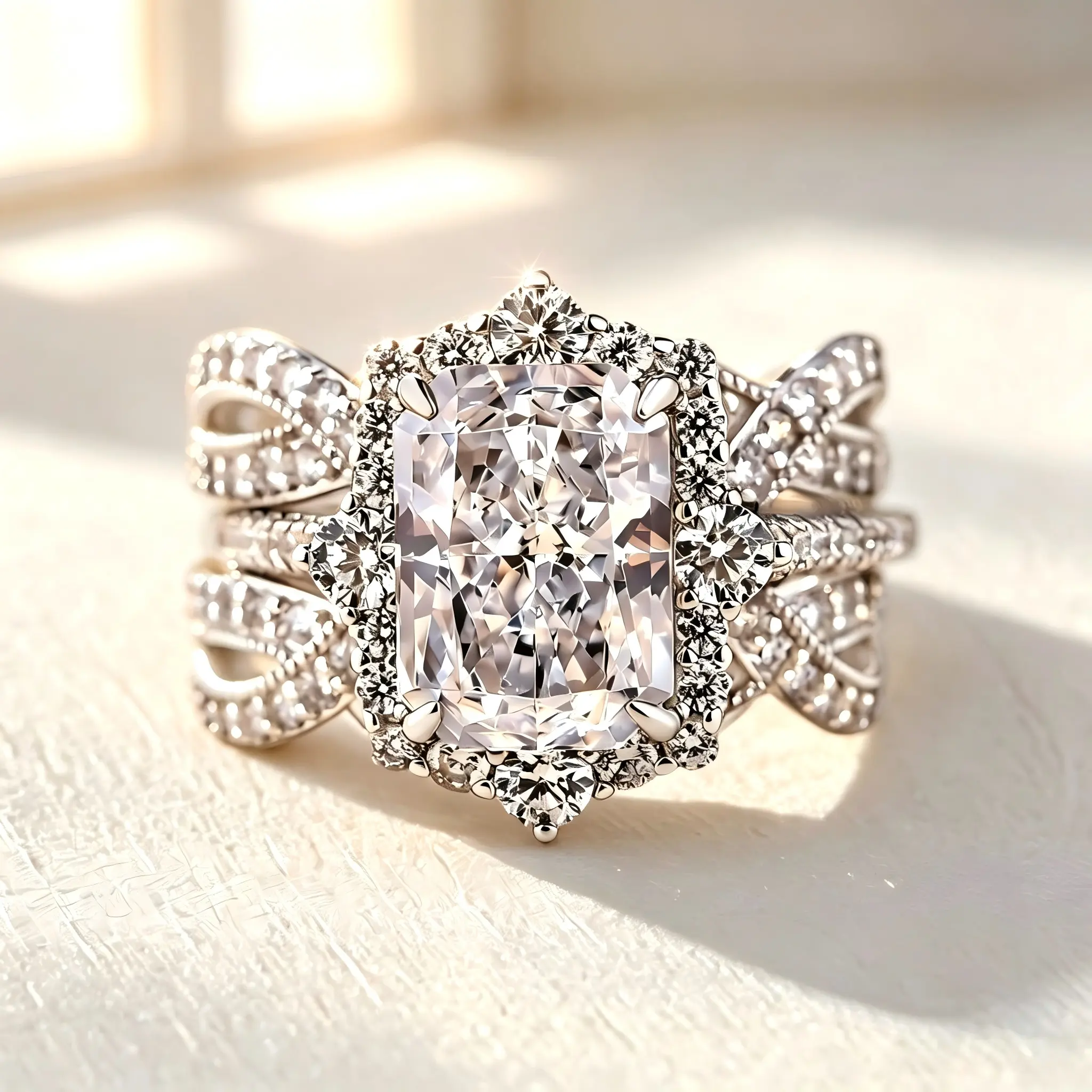 Radiant Cut Halo Wedding Ring Set for Women, 2-Piece Silver Tone Bridal Engagement Ring with Pave Twist Enhancer Band