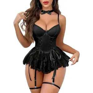 Women Sexy Lingerie Set Naughty Lace Up Corset Bodysuit Underwire Lingerie Babydoll With Garter Belt and Bow Tie Womenswear Pieces Teddy Basic Black Minimalist lingerie sets lace