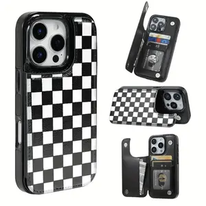 Minimalist Art Plaid Leather Card Holder Phone Case, Suitable for iPhone 17 Air/16 Plus/15 Pro Max/14 Pro/13/12/11/XS Max/X Phone Case, Perfect Gift for Family, Friends, Lovers, Boyfriend, Girlfriend on Thanksgiving and Christmas