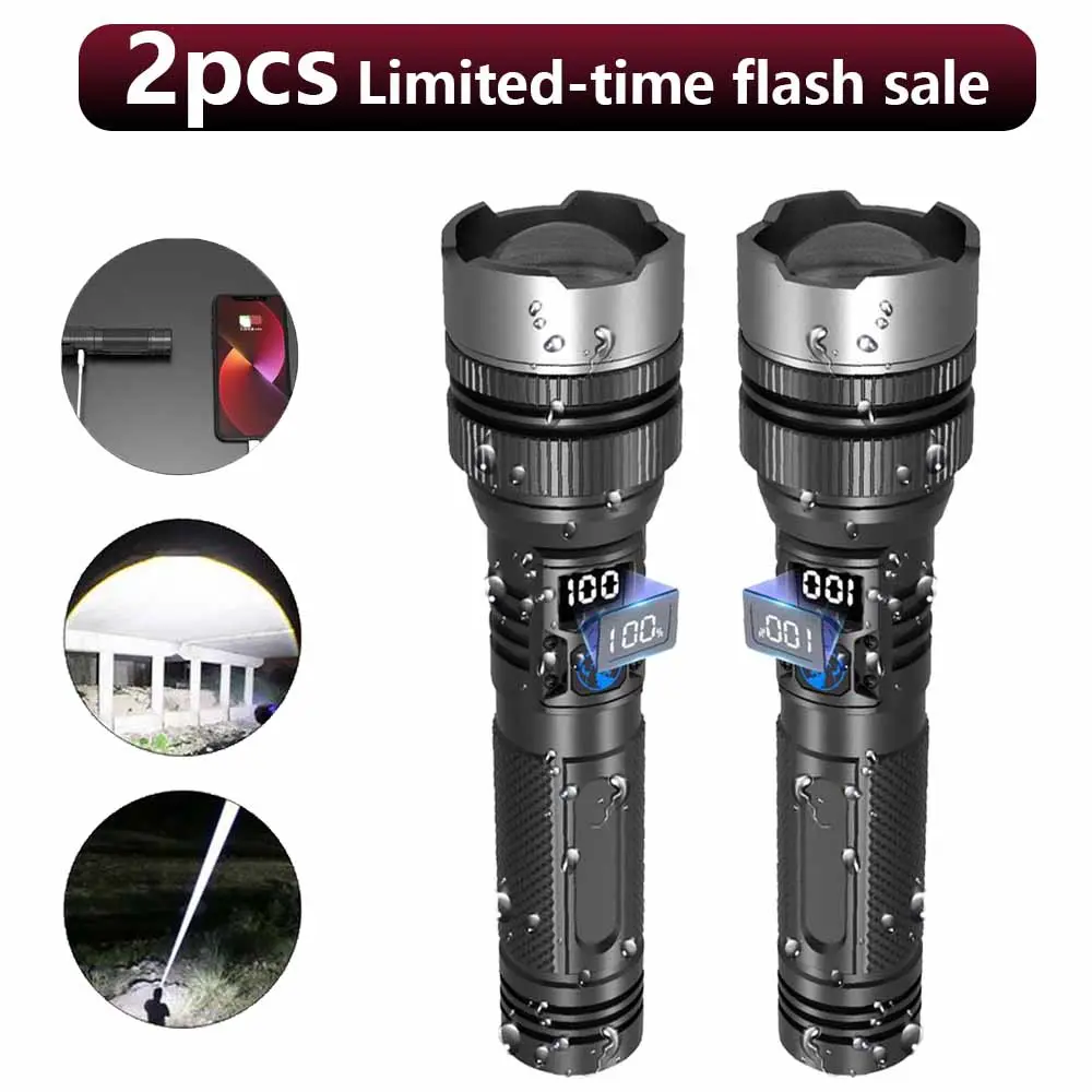 2PCS 2-in-1 High-Power Flashlight (Power Bank), Digital Battery Level Display, Rechargeable, Zoomable, 4x Zoom, Waterproof, Adjustable Brightness Flashlight for Outdoor Use, Emergencies, and Camping