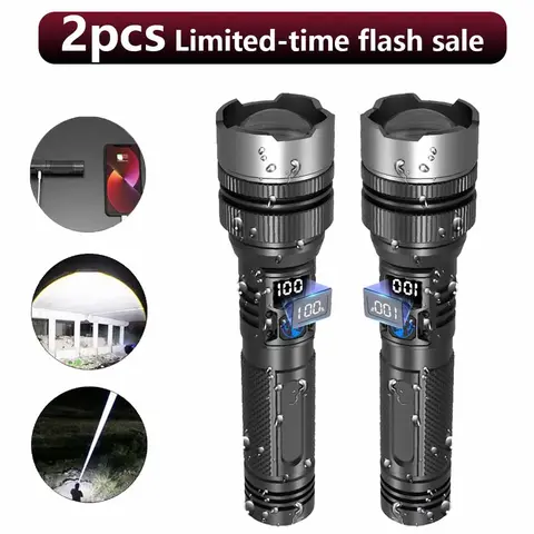 2PCS 2-in-1 High-Power Flashlight (Power Bank), Digital Battery Level Display, Rechargeable, Zoomable, 4x Zoom, Waterproof, Adjustable Brightness Flashlight for Outdoor Use, Emergencies, and Camping