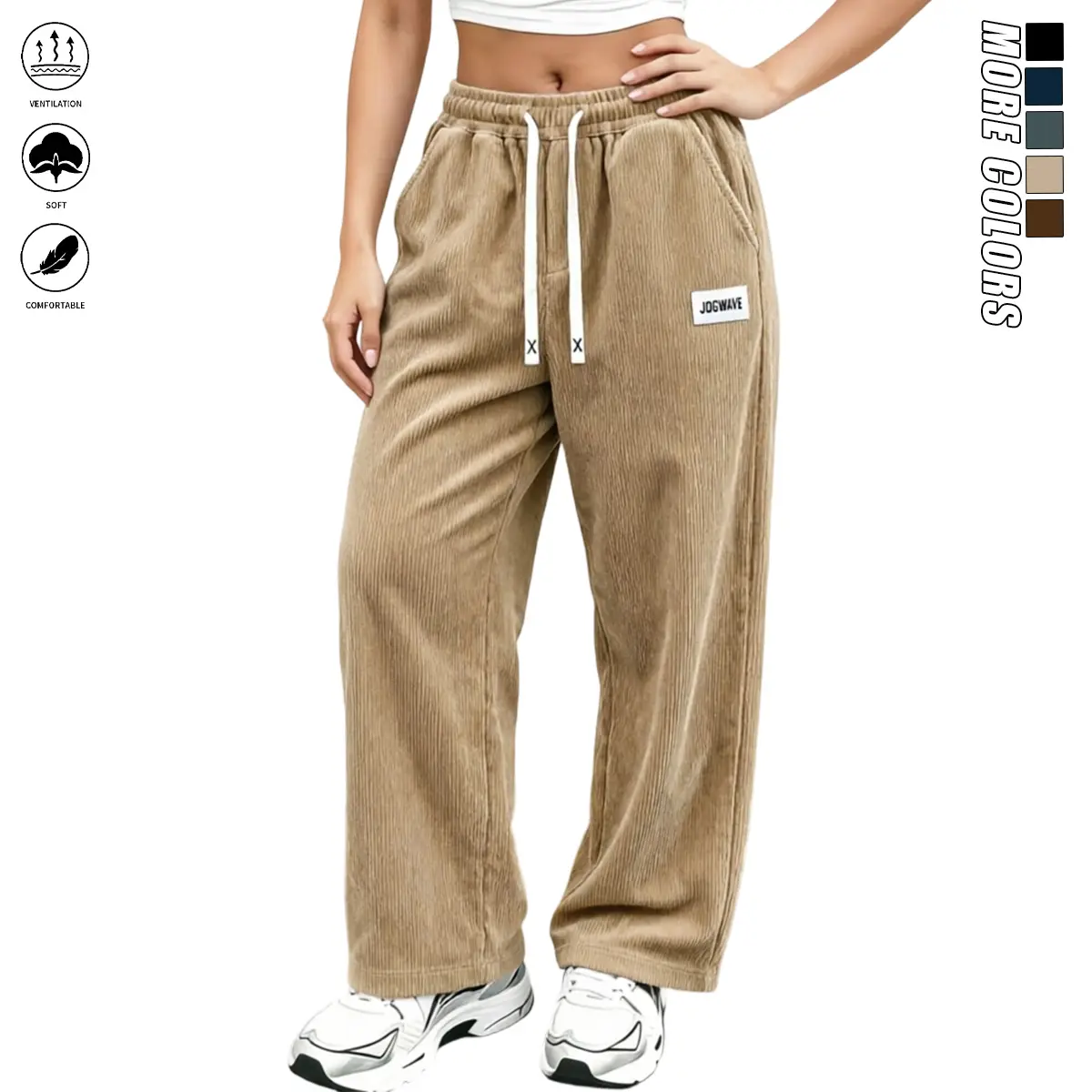 Women’s cotton corduroy wide-leg pants with elastic drawstring at high waist; soft, loose straight cut; thick, comfortable, breathable cotton fabric; suitable for everyday streetwear, campus, and home wear; available in multiple solid colors.