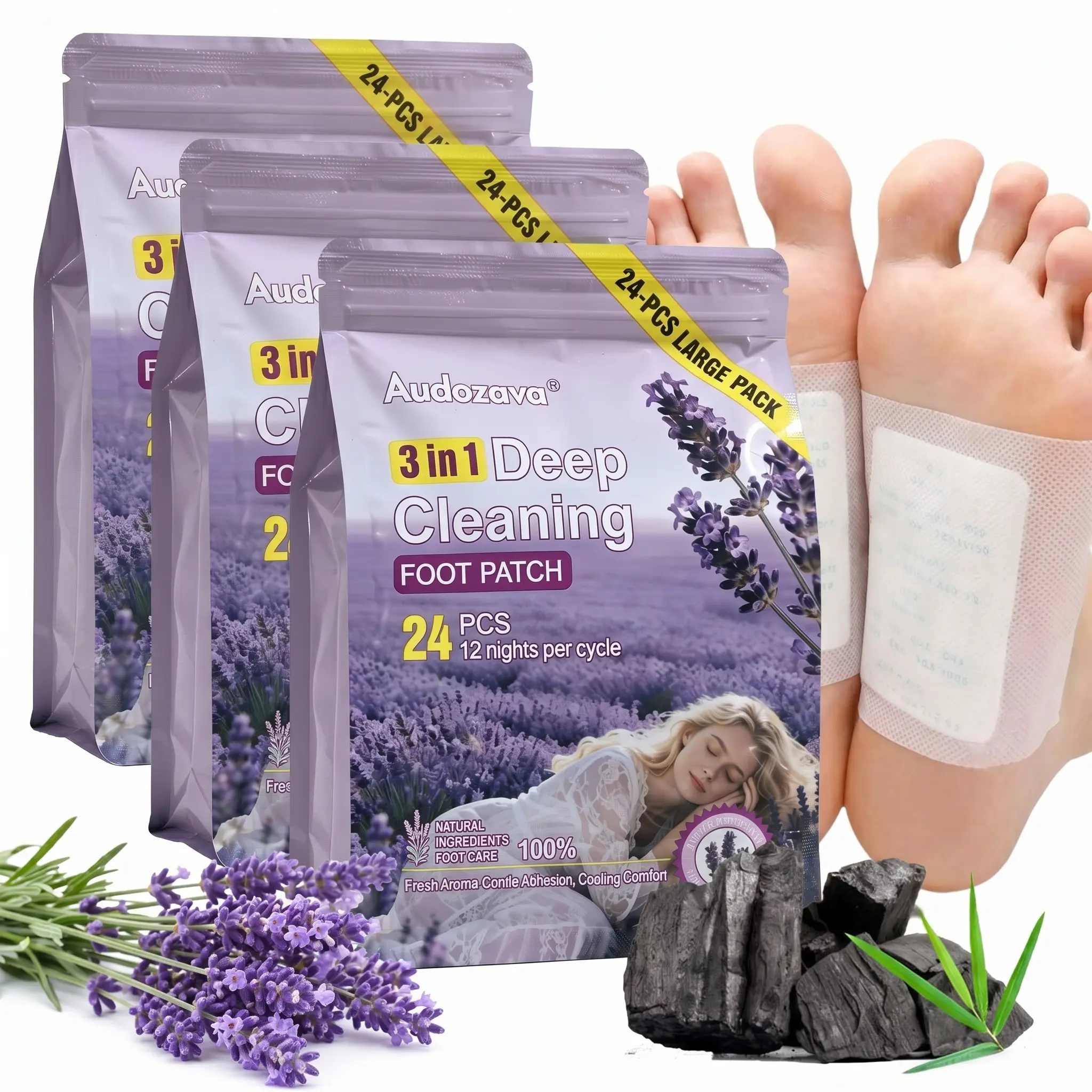 Lavender Foot Mat - Deep Cleaning Natural Herbal Foot Patch - Pack of 24 - Overnight Use for Soothing Comfort - Easy Application & Hassle-Free Removal - Self-Adhesive for Secure Fit