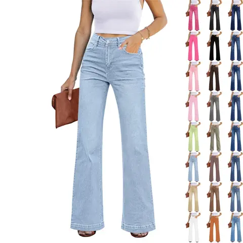 GRAPENT Women's 70s-Inspired Casual Flare Wide Leg Jeans, High-Waisted Basic Minimalist Stretchy Cotton-Polyester Pants with 4 Pockets, Fitted Bottoms for Back to School First Day Outfits