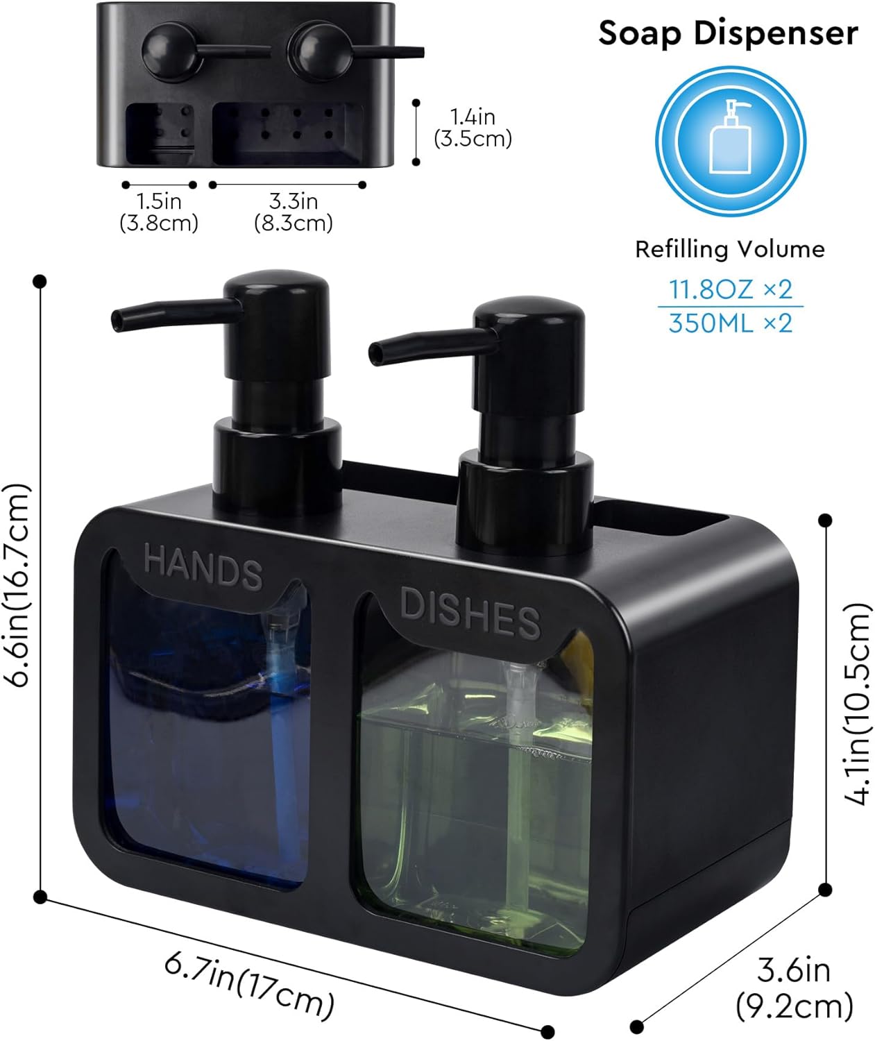 Kitchen Hand Soap and Dish Soap Dispenser Set, Dual Soap Dispenser with Sponge Caddy and Brush Holder 4-in-1 Organizer for Kitchen Sink Countertop, Useful Kitchen Gadgets - Black