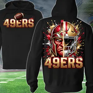 Super Man Red Face Football 2 Sided Hoodie, Football Player Sweatshirt, Sports Apparel, Red & Copper Helmet Pullover Classic T-shirt, Graphic Printed Streetwear Top, 100% Classic Cotton, Gift For Fans