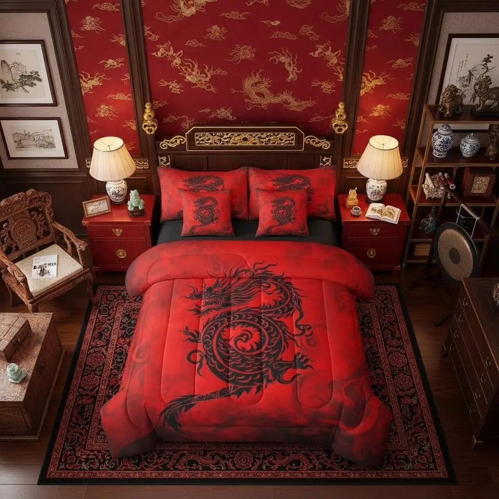 Exotic Chinese Style 7 Pieces Comforter Set,Black Graffiti Red Bedding Set with 1 Comforter,2 Pillowcases,2 Pillow Covers,1 Flat Sheet,1 Fitted Sheet,Dragon Bedding for Room Decor