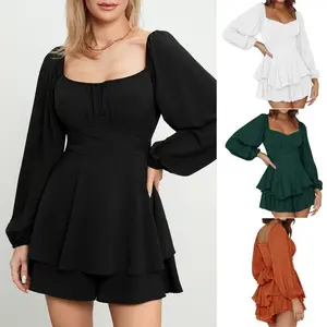 Women��s Loose Shorts Jumpsuit, Solid Color Lantern Long Sleeve Square Neck Ruched Ruffled Playsuit, Ladies Clothes for Indoor Outdoor Wear, Ladies Clothes for Daily Wear