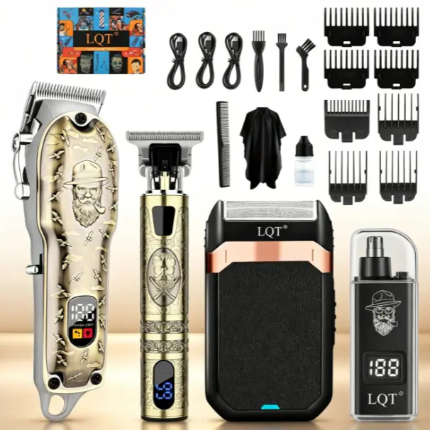 LQT 4-in-1 Vintage Bronze Barber Grooming Kit - Cordless LCD Display Hair Clipper, T-Outliner Trimmer, Electric Shaver, Nose Hair Trimmer for Men (Barbershop, Home Use)