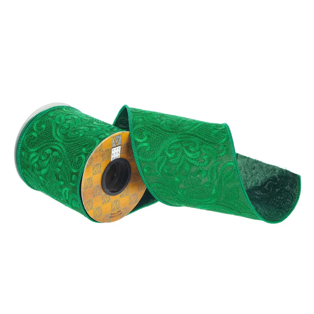Vickerman Q227315 4 in. x 5 yards Embroidery Wired Edge Christmas Ribbon, Green