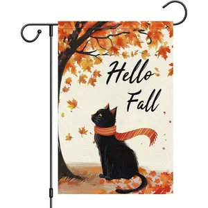 Hello Fall Garden Flag Vertical Double Sided Burlap Black Cat Garden Flags Maple Leaves Autumn Banners for Seasonal Yard Thanksgiving Farmhouse Decoration(ONLY FLAG)