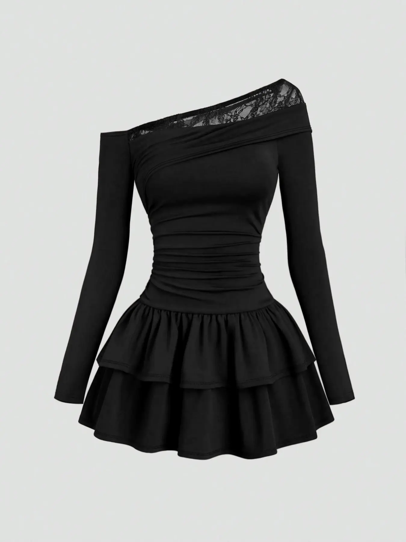Women's French Spring Summer Fashion Lace Patchwork Asymmetrical Shoulder Dress, Ruched Waist Layered Cake Skirt, Elegant Long Sleeve Dress, Casual Wear
