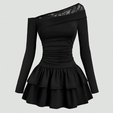 【Black Friday】Women's French Vintage Lace Patchwork Ruched Waist Double-Layer Tiered Dress, Elegant Formal Style Slim Long Sleeve Fashion Dress, Womenswear