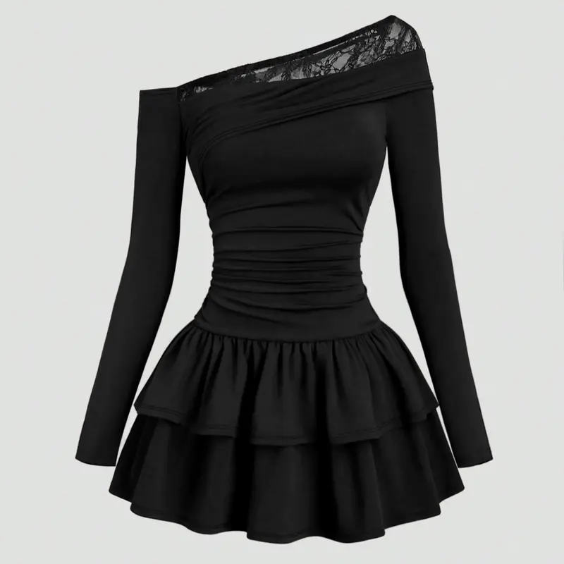 【Black Friday】Women's French Vintage Lace Patchwork Ruched Waist Double-Layer Tiered Dress, Elegant Formal Style Slim Long Sleeve Fashion Dress, Womenswear