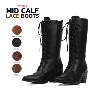 VIMISAOI Womens Cowboy boots Mid Calf Pointed Toe Chunky Block High Heel Lace Up Side Zipper Combat Goth Motorcycle Party Concert Fashion Dress Cowboy Fall Boots Womens Boots Black Shoe Cowgirl Boots Lace Up Granny Boots Valentine Shoes