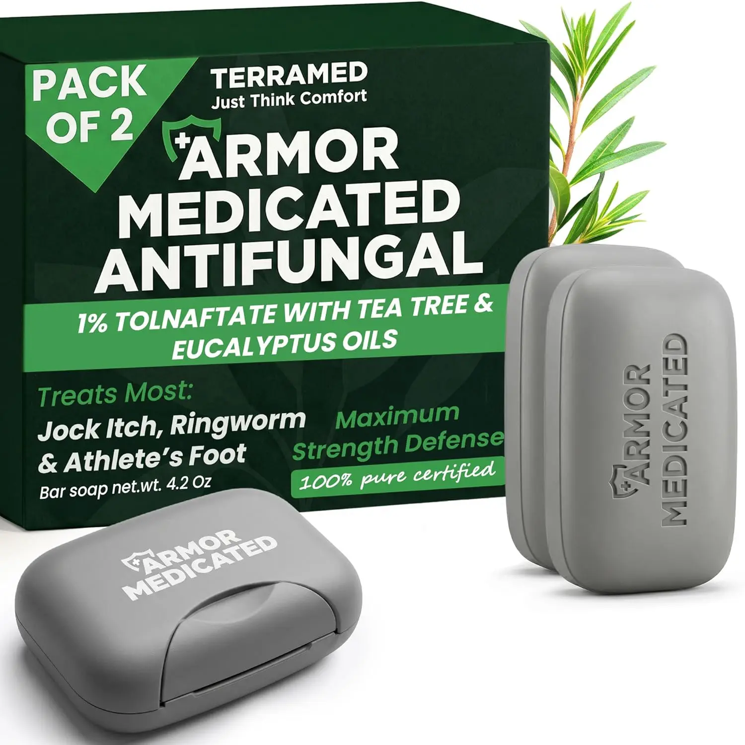 Medicated Antifungal Soap 2-Pack with Tea Tree Oil – Jock Itch, Ringworm & Athlete’s Ft Treatment, Soothing Eucalyptus, Effective Relief, Cleansing Body Care with Soap Case