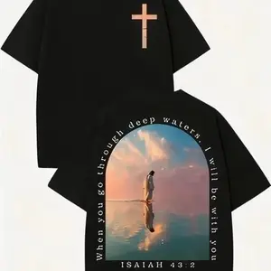 Cross & Isaiah Verse Design Washed Retro Streetwear Double-Sided Print Pattern Men's T-Shirt Distressed Summer Wear Drop-Shoulder y2k,Vintage,Streetwear Christmas heavyweight pure cotton t-shirt