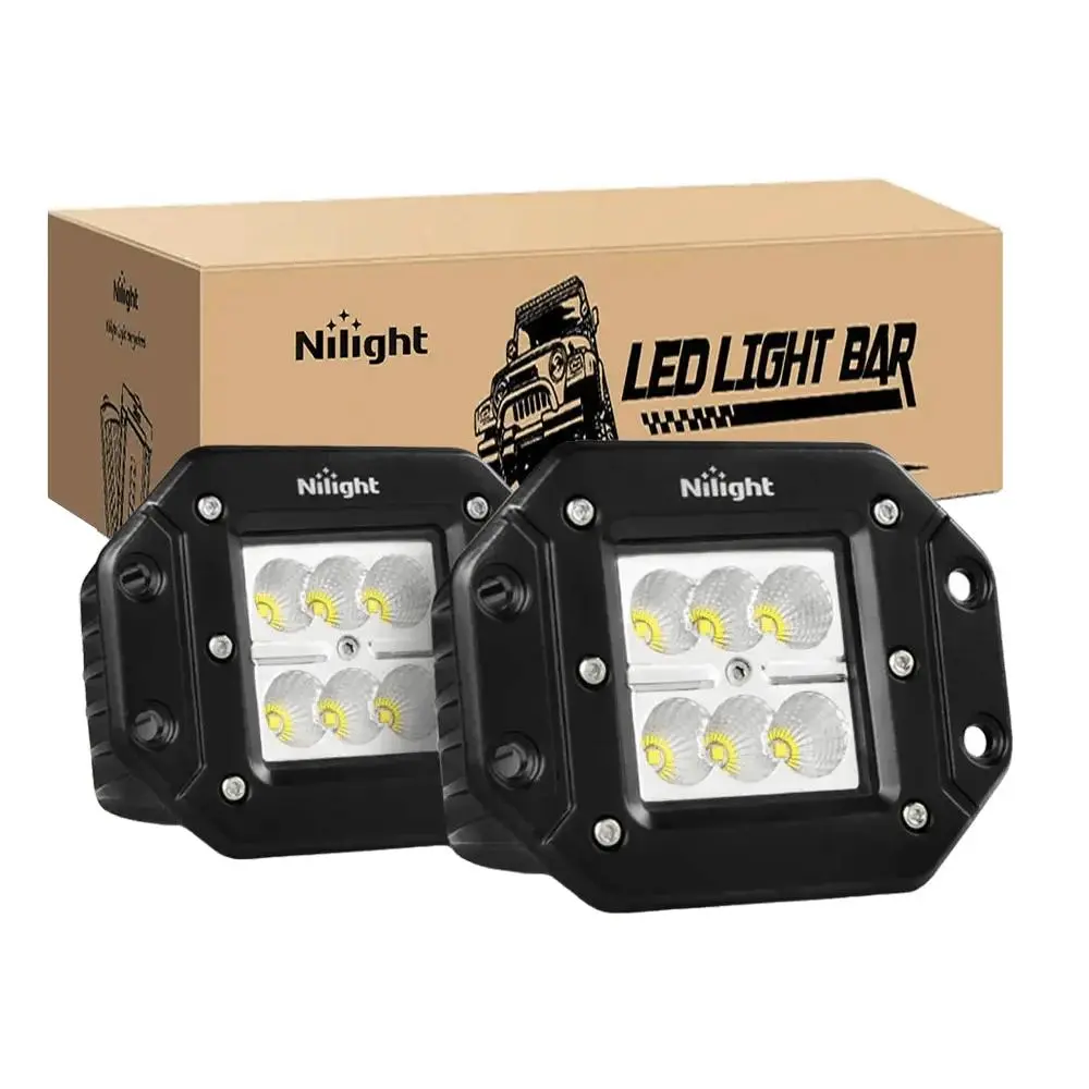 Nilight NI23C Series 4.8in 18W Flush Mount Flood Work Light Pair, High Brightness Off Road Fixtures for LED Light Bar, ATVs/SUVs, Cars, Wide Flood View