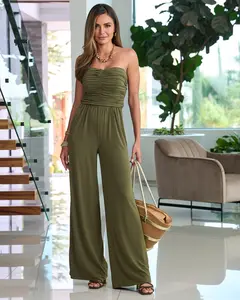 Strapless Ruched Wide Leg Knit Jumpsuit Moss Green