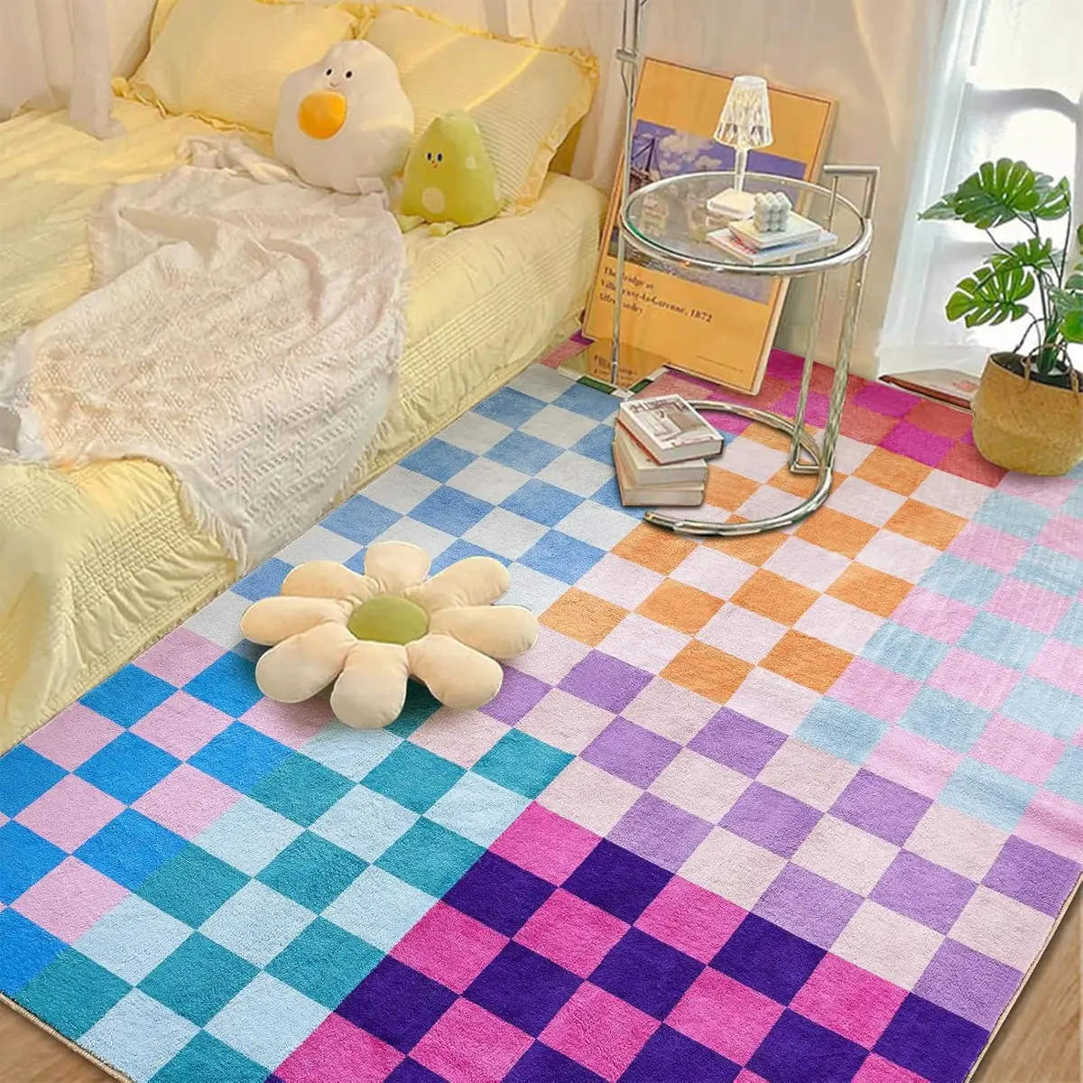 Colorful Chessboard Checkered Rug Carpet Mat, Soft Plush Anti-Slip Rug, Non Slip Rug, Foldable, Pet Friendly, Decorative Rug, Living Room Rugs, for Living Room Bedroom Dining Area