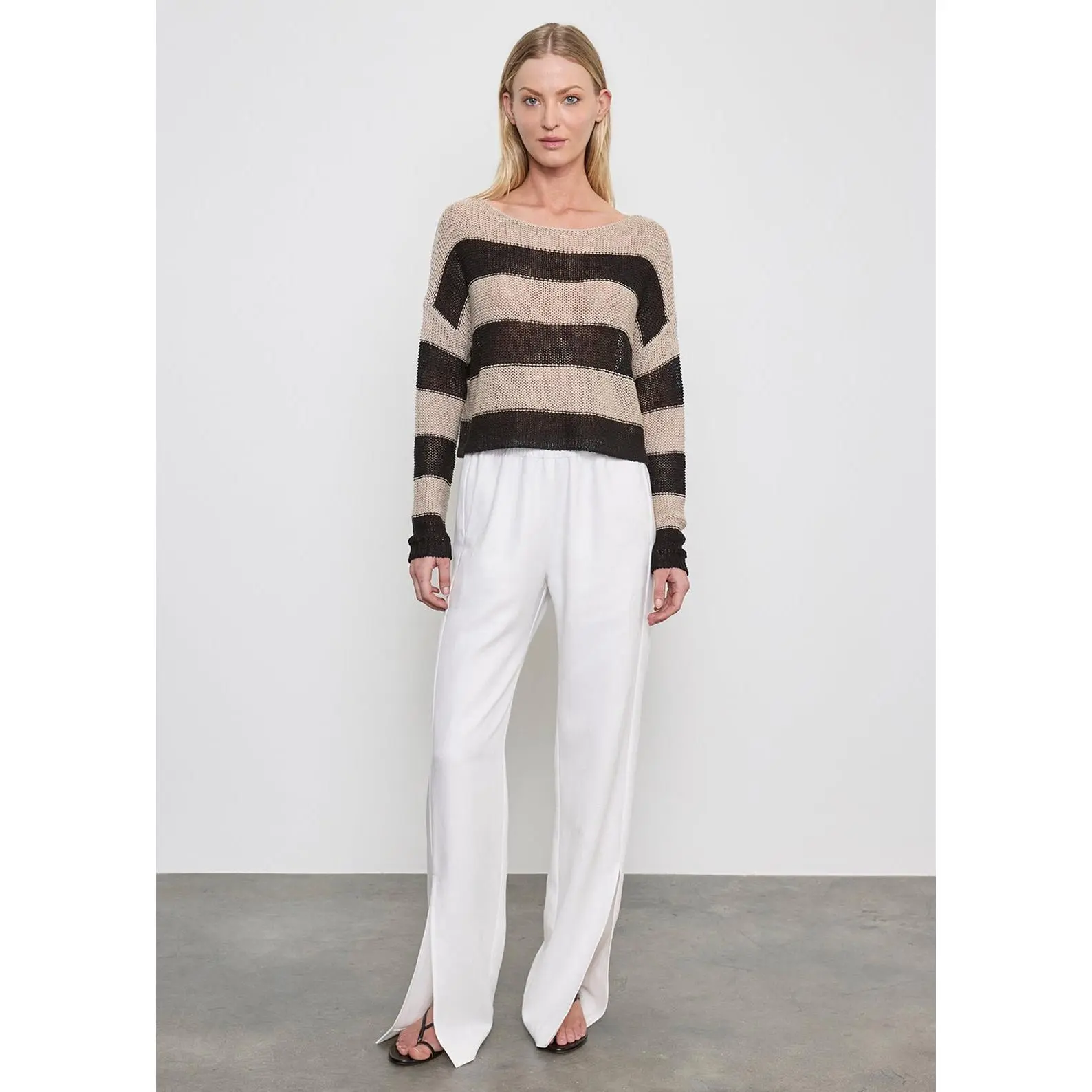 Enza Costa Stripe Linen Bateau Sweater in Black Oatmeal