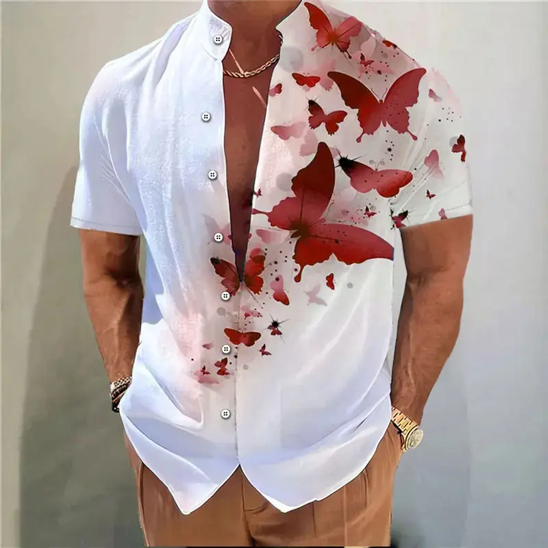 2025 Men's Shirt Butterfly Pattern 3D Printing Stand Collar Multi-color Outdoor Street Short Sleeve Hawaiian Muslim Men Clothing