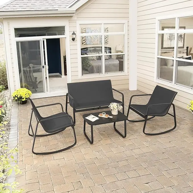 YITAHOME 4 Piece Patio Furniture Set, Small Backyard Bistro Rocking Chairs, Loveseat and Glass Table, Textilene Outdoor Conversation Set for Lawn, Gar