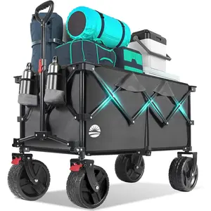 220L Wagons Carts Foldable with Big -Terrian Beach Wheels, Collapsible Heavy DutyWagon with Cup Holders,  Folding Wagon,Foldable Wagon for Camping, Garden, . Grey
