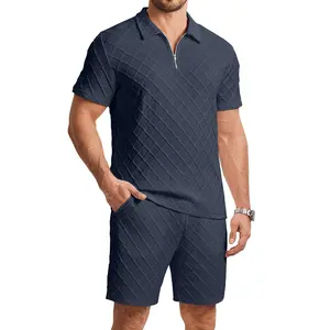 Dokotoo Men Casual 2 Piece Jacquard Knit Tracksuit Golf Polo Outfits Short Sleeve 1/4 Zip Shirts Shorts Elastic Set