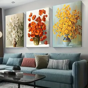3pcs Framed. Brightly coloured potted flowers canvas wall art, floral modern home decor wall art. Hand-painted style. Suitable for bedroom, dorm room, study, living room, dining room home decor painting, can be hung directly